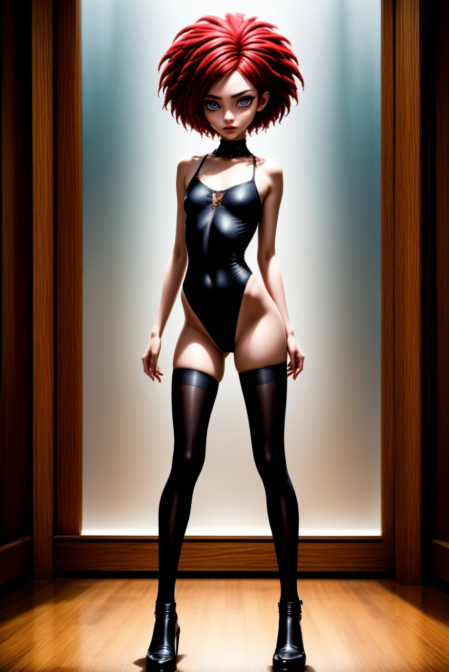 1 Girl, 18 years, Bob hair, vibrant red, Extreme longhair, Sticked out tongue, captivating eyes, slut, Ukrainian, streetwear, subservient, shapely, thin, small ass, Flat chest, full body }}